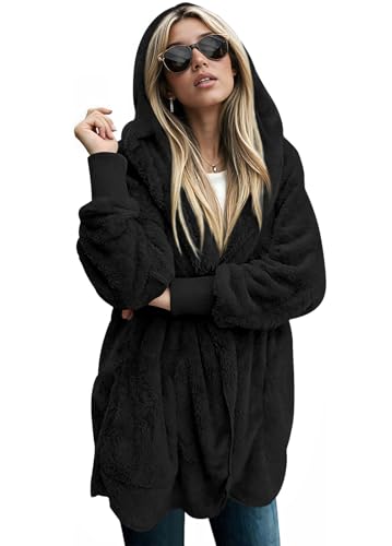 Image of LONGYUAN Women Fleece Jacket Casual Jackets Sweaters Fuzzy Fleece Comfy Teddy Coats Open Front Hooded Cardigans with Pockets Black Small