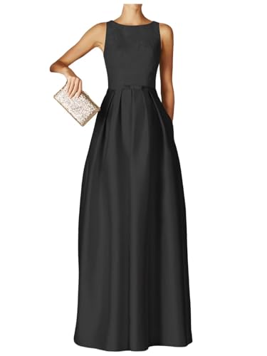 Caodip Black Satin Prom Dresses for Women Crew Neck Floor Length Elegant Formal Evening Party Gowns with Pockets A Line Long Wedding Guest Dress US4