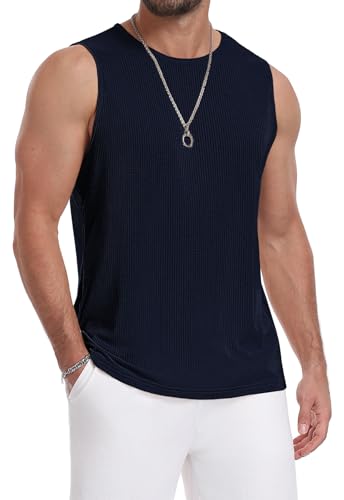 Image of MLANM Mens Vests Tops Sleeveless Tshirt Men Tank Top Summer Round Neck Ribbed Beach Vest for Holiday Gym, Navy Blue XXL