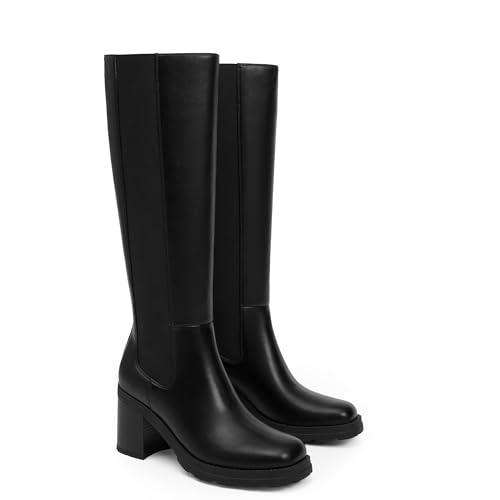 Knee High Boots Women Chelsea Platform Chunky Boots Slip on Faux Leather Square Toe Fall Long Tall Boots for Women2