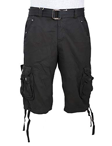 LeeHanTon Mens Cargo Shorts Casual Cotton Relaxed Fit Multi-Pocket Outdoor Short Big and Tall Sizes with Belted (S-Black, 38)