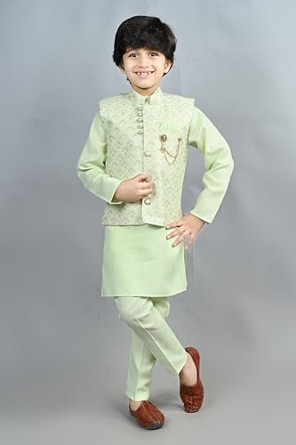 Image of AHHAAAA Kids Ethnic Cotton Blend Waistcoat Kurta and Pyjama Set for Boys
