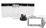 CLEAR PLASTIC SPICE BAIRE BOTTLES, 8 oz Refillable, 6-Pack, Black Flapper Lid, Sifter Shaker Holes and Pour Open Sides, 