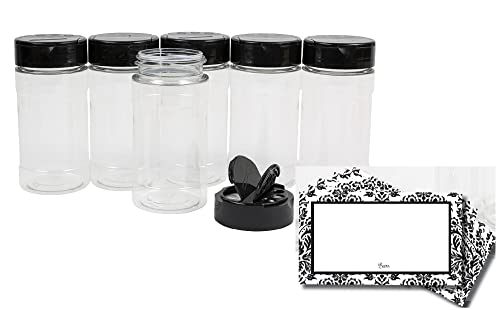 Baire Bottles 8 oz Empty Clear Plastic Spice Jars with Shaker Lids 6 Pk Sifter Shaker Holes Pour Open Sides Sealed for Freshness Liners BPA Free Waterproof Labels USA(Black Flapper Lid, Damask Labels)