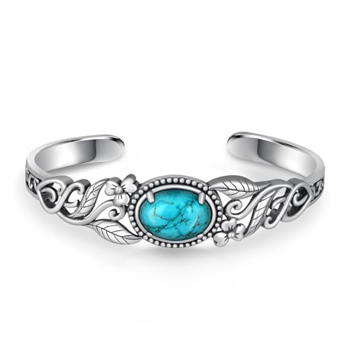 Natural Turquoise Cuff Bracelet for Women - 925 Sterling Silver Vintage Western Boho Bracelet with Sunflower, Cross, Tree of Life & Mountain Design - Sun Adjustable Turquoise Stone Cuff Jewelry