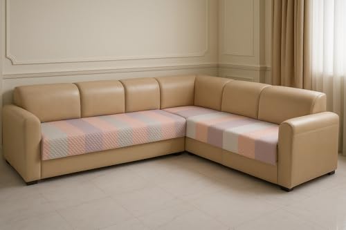 Image of Pastel Stripes Quilted Velvet L-Shape Sofa Cover - L-Shape 5-Seater (3+2) - Modern Pastel Look - Couch Cover - Breathable Fabric - Daily Use Luxury Look - Indian Size Fit - Home Decor