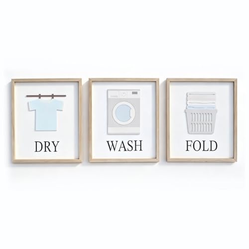 3 Pack Wooden Laundry Room Signs - Wash Dry Fold 3D Layered Wood Wall Art Farmhouse Rustic Laundry Wall Decor 8.6x10 Inch Laundry Accessories for Home & Bathroom