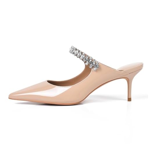 XINIUNIU Mules de salto feminino com tiras de cristal, bico fino, sandália sem cadarço para mulheres com strass, 6,5 cm, nude, 8.5