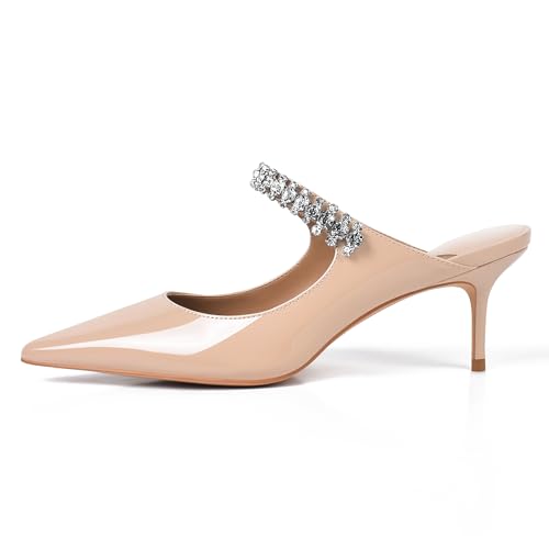 Image of XINIUNIU Heeled Mules for Women Rhinestone Heels Pointed Toe Slip On 2.5 Inch Kitten Stiletto Closed Toe Sandals Dress Wedding Pump Shoes