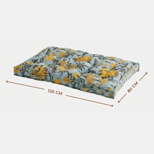 Image of Low Seating Floor Cushion 70 x 152 cm with 2 Back Support Cushions | Thick Quilted Cotton Floor Mattress Pad | Floral Printed Gadda for Sitting, Meditation, Yoga & Living Room Floor Seating