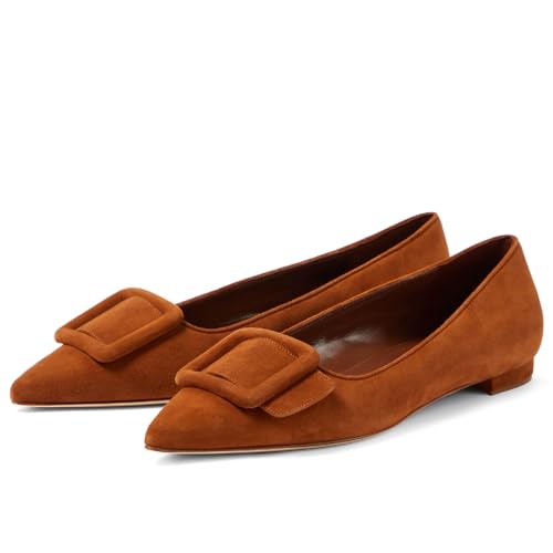 Women's Sexy Pointed Toe Ballet Flats Fashion Suede/Crocodile Slip On Dressy Flats Closed Toe Evening Wedding Office Low Heel Shoes for Women Brown Suede Size 8.5