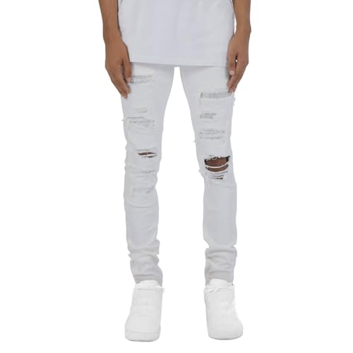 Jeans troué cône jambe denim homme coupe droite slim longueur au-dessus du genou