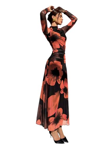 Image of Verdusa Women's Floral Wedding Guest Dress Long Sleeve Mesh Slimming Cocktail Vacation Maxi Dresses