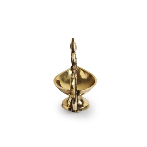 Image of ExclusiveLane 'Peacock' Brass Table Diya for Puja Room Mandir (Pure Brass, 1 Wick, 4.3 Inches, 18 ML, 0.2 Kg)| Brass Diya for Puja Room Brass Ghee Diya for Puja Aarti Diya Table Diya for Home