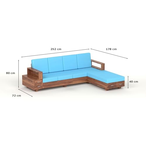 Image of Sheesham Wood 6 Seater L Shape Sofa Set with Storage Drawers and 40 Density Cushion | Solid Wooden Corner Sofa with Blue Fabric Upholstery for Living Room