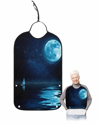 LEOKOTI Moon Night Adult Bibs for Eating, Waterproof Bibs with Food Catcher & Adjustable Snap Closure, Summer Navy Blue Sky Sailboat Ripple Washable Clothing Protectors Adult Bibs for Elderly