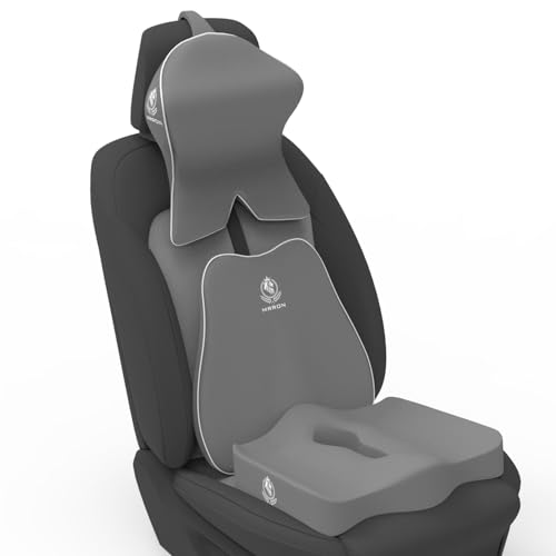 Image of MRRON Memory Foam Posture Corrector Car Seat Cushions Combo | Orthopedic Backrest, Coccyx Cushion & Neckrest | Ergonomic Lumbar Comfort Seat Cushion | Reduces Sciatica (Grey, Slim backrest)
