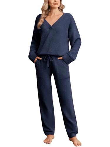 Image of Snuggle Sac Womens Pajama Sets 2 Piece Cozy Winter Fluffy Fuzzy Pajamas V Neck Long Sleeve Lounge Set