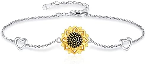 POPLYKE 925 Sterling Silver Heart Sunflower Bracelet for Girls Mum Daughter Bracelet Set for 2 Mothers Day Jewellery