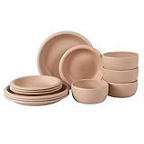 Bloomhouse - Oprah's Favorite Things - Juego de vajilla de cerámica rústica de esmalte reactivo de arcilla córcega de 12 piezas - Juego de platos y cuencos apilables. Servicio para 4 - Prosecco mate