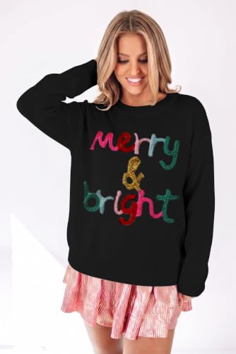 Image of LEMAFER Women 2026 Merry Christmas Round Neck Sequin Letters Sweater Casual Solid Slogan Long Sleeve Pullover Sweatshirt Tops
