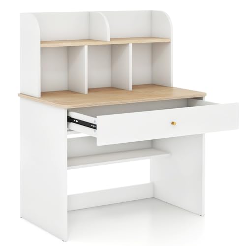 LIFEZEAL Scrivania per Bambini 3+Anni, Scrivania Cameretta, 80x48 cm, con Cassetto, Libreria, Porta PC, Computer, Banco Scuola, Tavolo da Studio, in Legno, Giocare, Studiare, Multiattività (naturale)