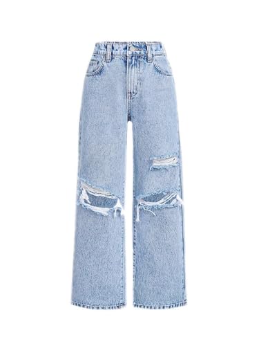 Girls Ripped Baggy Wide Leg Jeans Zipper Fly Elastic High Waist Y2K Trendy Denim Pants, Ripped Blue, 11-12 Years/Size 150