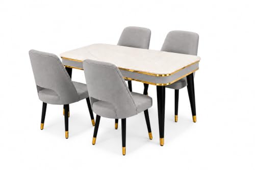 Image of WOODEN SPACE 4 Seater Wooden Dining Table Set | Urban Marble Top Dining Table with Chairs for Dining Room & Kitchen (Modern Vintage Light Grey) (54 x 36 x 30 inch)