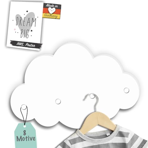 Kindsblick ® Wolkengarderobe in weiß - Garderobe mit 4 Kleiderhaken für...