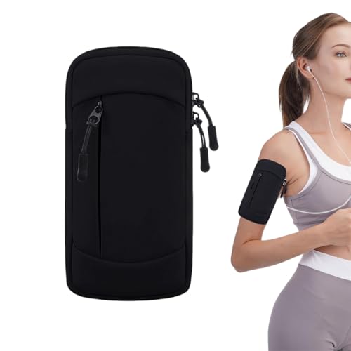 Running Armband, Phone Holder with Zipper Pockets, Adjustable Universal Band for Phones up to 7in Fitness Workout Accessories for Men & Women(BLACK)