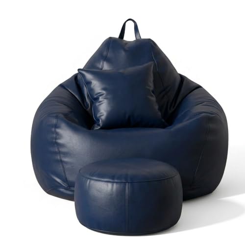 Image of 5XL Premium Leatherette Bean Bag with Rectangular Footrest & Cushion | High Density EPS Beans Filled | Teardrop Shape with Handle | 6 Months Warranty (Navy Blue, 5XL Combo Pack, Solid)