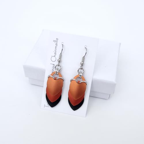 Layered Leaf Chainmail Earrings for Fall – Handmade Orange and Black Halloween Jewelry – Stainless Steel French Hook Ear Wires4