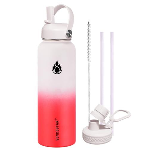 Image of SENDESTAR Water Bottle 40oz Double Wall Vacuum Insulated Leak Proof Stainless Steel Sports Water Bottle-Wide Mouth with New Flex Straw Lid & Spout Lid (White&Red)