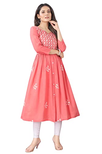 Image of KrazzyKudy Women's Rayon Embroidered Flared Kurtis