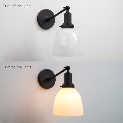 Image of PERMO Industrial Sconces Vintage Slope Pole Wall Mount Single Sconce with 6.7 inch Oval Dome Milk White Glass Shade Wall Light Fixture for Livingroom Bedroom