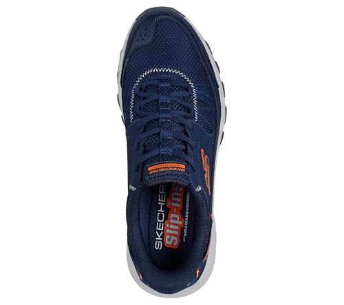 Skechers Men's Dynamite at ESCAPAR Trainer, Navy Leather Textile Orange Trim, 12.5