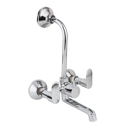 Image of BATH GURU Brass Wall Mixer With L Shape Overhead Shower Attachment Provision, Chrome Finish, 2 In 1 Bathroom Wall Mixer Tap