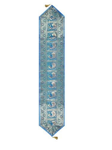 Image of Banarasi Brocade Zari Silk Table Runner Dinning & Centre Table Runner 177 By 30 CM (Turquoise, Peacock)