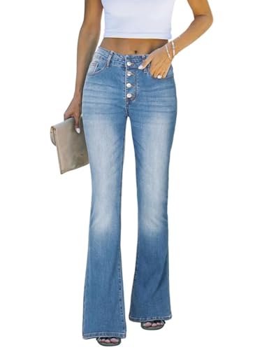 Genleck Women's Stretch Flare Jeans - Trendy High Waisted Bell Bottom Jeans Tummy Control Button Fly Denim Pants Trousers
