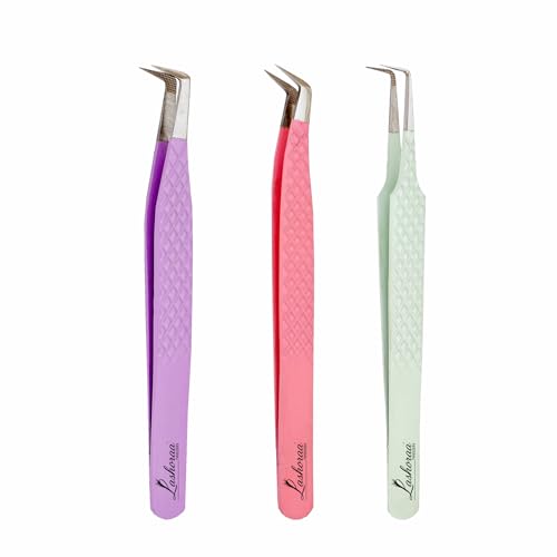 LASHORAA Lash Tweezers Set for Eyelash Extensions - 3 Piece Precision Fiber Tip Diamond Grip Volume L-Shape Boot 90 Degree Tweezers - Includes Leather Case for Classic Lashes & Premade Fans