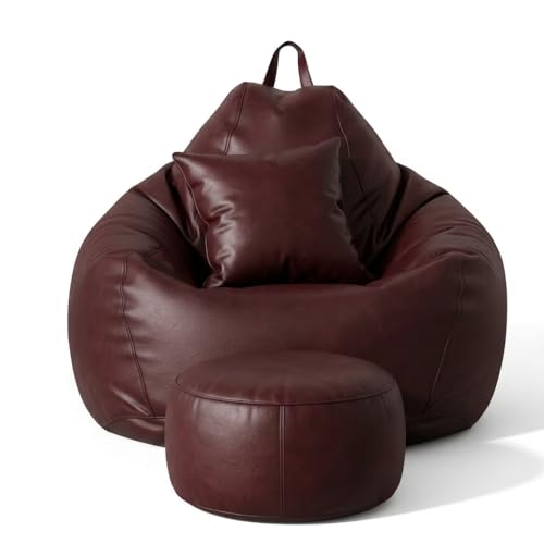 Image of 5XL Premium Leatherette Bean Bag with Rectangular Footrest & Cushion | High Density EPS Beans Filled | Teardrop Shape with Handle | 6 Months Warranty (Maroon, 5XL Combo Pack, Solid)