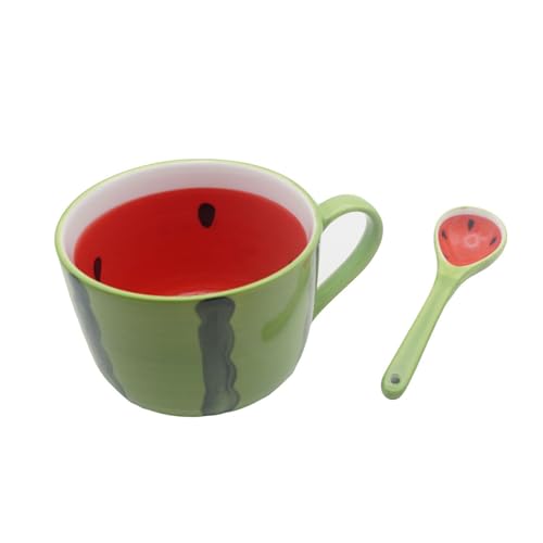 Xfeyaqlo Taza Sandía 450ml, Taza Fruta Cerámica, Taza Café con Cuchara, Precioso Diseño Frutal, Vivo e Interesante, Aumenta el Apetito