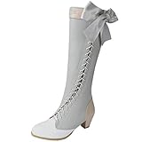 Alsoloveu Women Cosplay Boots Knee High Lace Up Chunky Heel Booties With Bows Rockabilly Shoes Size 8 M US,Grey