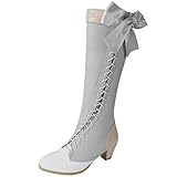 Alsoloveu Women Cosplay Boots Knee High Lace Up Chunky Heel Booties With Bows Rockabilly Shoes Size 10 M US,Grey