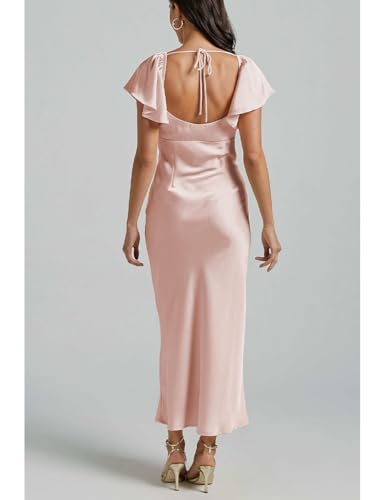Image of Summer Satin Flutter Sleeve Wedding Guest Dresses for Women Sweetheart Neckline Cutout Tie Back Midi Cocktail Dress