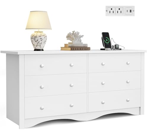 Furmax Dresser for Bedroom with Power Outlet, 6 Wood Dresser,
