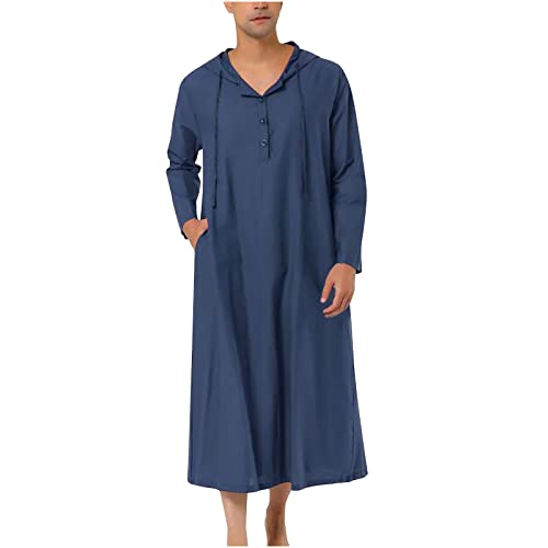 Cambkatl Mens Kaftan Hooded Muslim Robe Cotton Linen Loungewear Button V Neck Long Nightgown Shirt Thobe with Pockets2
