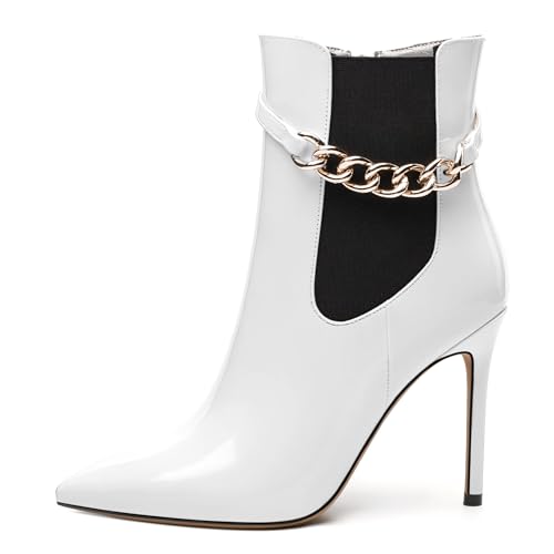Women's Ankle Boots, Pointed Toe High Heel Short Boots, Side Zip Fashion Chain Strap Ankle High Boot for Women