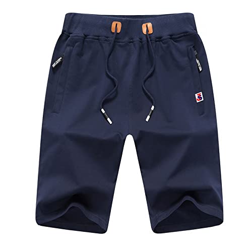 JustSun Kurze Hosen Herren Shorts Herren Sommer Sporthose Jogginghose Kurz Baumwolle Sport Gym Sweat Fitness Shorts Hose Herren Reißverschluss Taschen Blau XL
