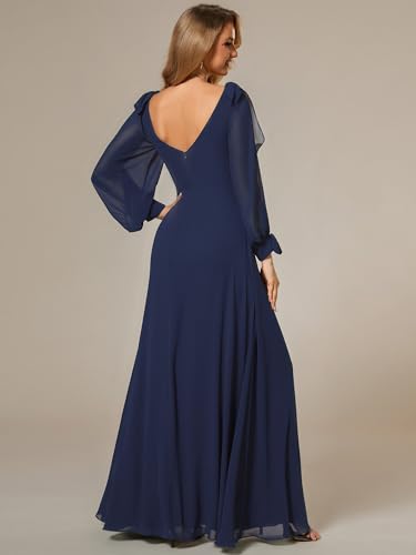 Image of Ever-Pretty Women's Fall Winter Formal Wedding Guest Dress Long Sleeve V Neck Chiffon Floor Length Bridesmaid Dresses 80116